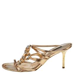 Pre Owned Louis Vuitton Metallic Gold Leather Crystal Embellished Slide Sandals Size 38