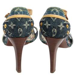 Pre Owned Louis Vuitton Blue Denim And Leather Trim Patchwork Ankle Strap Sandals Size 41