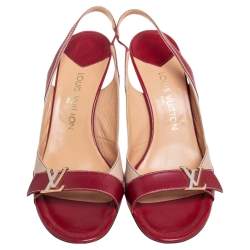Pre Owned Louis Vuitton Red/Beige Leather Logo Slingback Sandals Size 40.5