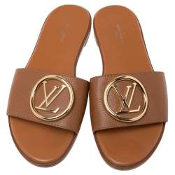 مملوكة مسبقًا Louis Vuitton Brown Leather Lock It Slide Sandals Size 37.5