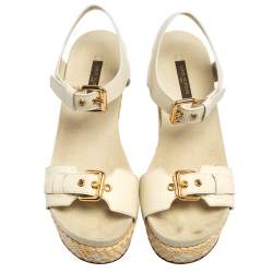 مملوكة مسبقًا Louis Vuitton Grey Leather Buckle Espadrille Wedges Size 36.5