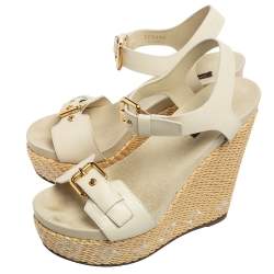 مملوكة مسبقًا Louis Vuitton Grey Leather Buckle Espadrille Wedges Size 36.5