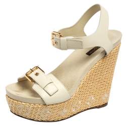 مملوكة مسبقًا Louis Vuitton Grey Leather Buckle Espadrille Wedges Size 36.5