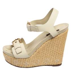 مملوكة مسبقًا Louis Vuitton Grey Leather Buckle Espadrille Wedges Size 36.5