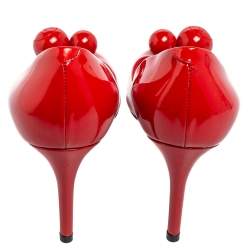 Pre Owned حذاء كعب عالي لوي فيتون جلد لامع أحمر مزين كرة مقدمة مدببة مقاس 36