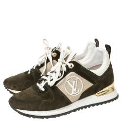 Pre Owned Louis Vuitton Army Green/Beige Suede and Mesh Run Away Sneakers Size 37.5 