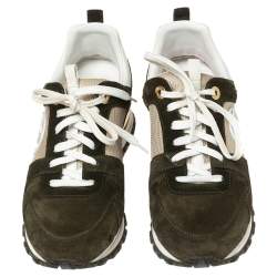 Pre Owned Louis Vuitton Army Green/Beige Suede and Mesh Run Away Sneakers Size 37.5 