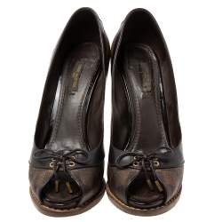 Pre Owned Louis Vuitton Brown Damier Azur Canvas And Patent Leather Peep Toe Pumps Size 38