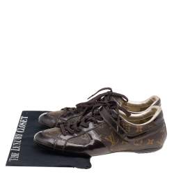 Pre Owned Louis Vuitton Brown Monogram Canvas and Patent Leather Globe Trotter Low Top Sneakers Size 40.5