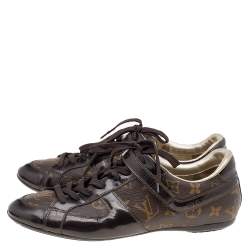 Pre Owned Louis Vuitton Brown Monogram Canvas and Patent Leather Globe Trotter Low Top Sneakers Size 40.5