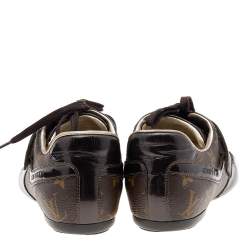 Pre Owned Louis Vuitton Brown Monogram Canvas and Patent Leather Globe Trotter Low Top Sneakers Size 40.5
