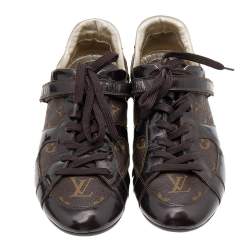 Pre Owned Louis Vuitton Brown Monogram Canvas and Patent Leather Globe Trotter Low Top Sneakers Size 40.5