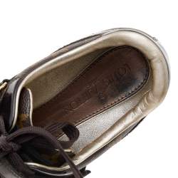 Pre Owned Louis Vuitton Brown Monogram Canvas and Patent Leather Globe Trotter Low Top Sneakers Size 40.5