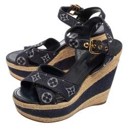 Pre Owned صندل لوي فيتون دينم أزرق بسيور متعاكسة بحزام للكاحل نعل سميك مقاس 38