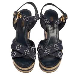 Pre Owned صندل لوي فيتون دينم أزرق بسيور متعاكسة بحزام للكاحل نعل سميك مقاس 38