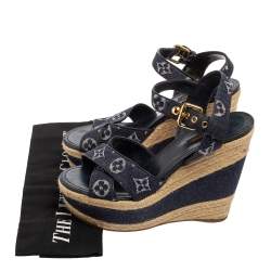 Pre Owned صندل لوي فيتون دينم أزرق بسيور متعاكسة بحزام للكاحل نعل سميك مقاس 38