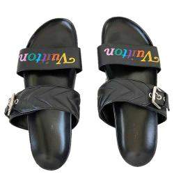 Pre Owned Louis Vuitton Black Leather New Wave Bom Dia Flat Sandals Size EU 40