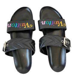 Pre Owned Louis Vuitton Black Leather New Wave Bom Dia Flat Sandals Size EU 40
