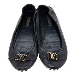 Pre Owned Louis Vuitton Black Leather Logo Oxford Ballet Flats Size 37