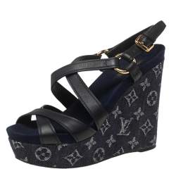 مملوكة مسبقًا صندل لوي فيتون أوشن دينم مونوغرامي وجلد أزرق كحلي كعب أزرق كحلي مقاس 38