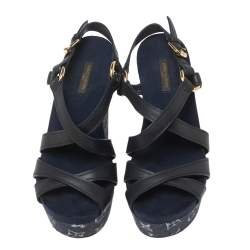 مملوكة مسبقًا صندل لوي فيتون أوشن دينم مونوغرامي وجلد أزرق كحلي كعب أزرق كحلي مقاس 38