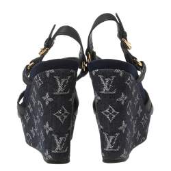 مملوكة مسبقًا صندل لوي فيتون أوشن دينم مونوغرامي وجلد أزرق كحلي كعب أزرق كحلي مقاس 38