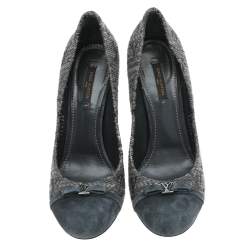 Pre Owned حذاء كعب عالي لوي فيتون سويدي وقماش رصاصي مونوغرامي بفيونكة مقاس 39