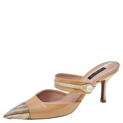 Louis Vuitton Beige Patent Leather And Suede Metal Cap Toe Mules Size 38.5