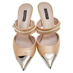 Louis Vuitton Beige Patent Leather And Suede Metal Cap Toe Mules Size 38.5