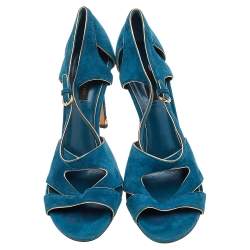 Pre Owned Louis Vuitton Teal Blue Suede Cutout Strappy Sandals Size 39.5