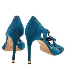 Pre Owned Louis Vuitton Teal Blue Suede Cutout Strappy Sandals Size 39.5