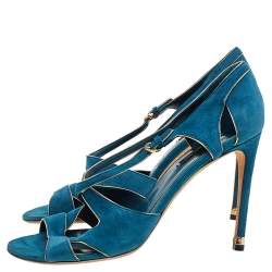 Pre Owned Louis Vuitton Teal Blue Suede Cutout Strappy Sandals Size 39.5