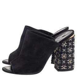 Pre Owned صندل سلايد لوي فيتون سويدي أسود مزخرف كعب مقاس 40