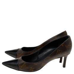 Pre Owned Louis Vuitton Brown/Black Monogram Canvas and Patent Leather Cap Toe Fetish Pumps Size 36
