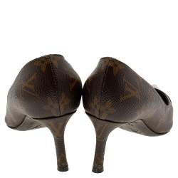 Pre Owned Louis Vuitton Brown/Black Monogram Canvas and Patent Leather Cap Toe Fetish Pumps Size 36