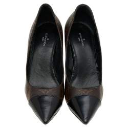 Pre Owned Louis Vuitton Brown/Black Monogram Canvas and Patent Leather Cap Toe Fetish Pumps Size 36