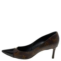 Pre Owned Louis Vuitton Brown/Black Monogram Canvas and Patent Leather Cap Toe Fetish Pumps Size 36