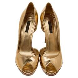 Pre Owned حذاء كعب عالي لوي فيتون نعل سميك دورسيه جلد ذهبي ميتالك مقاس 38.5