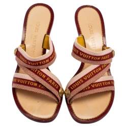 Pre Owned صندل سلايد لوي فيتون كانفاس عنابي بالشعار ب سيور مقاس 37