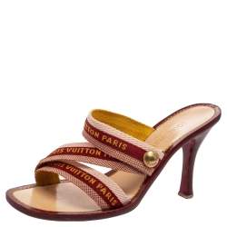 Pre Owned صندل سلايد لوي فيتون كانفاس عنابي بالشعار بسيور مقاس 37