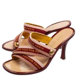 Pre Owned صندل سلايد لوي فيتون كانفاس عنابي بالشعار بسيور مقاس 37