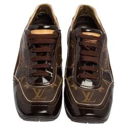 Louis Vuitton Brown Monogram Canvas and Patent Leather Globe Trotter Square-Toe Sneakers Size 38