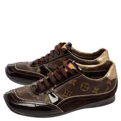 Louis Vuitton Brown Monogram Canvas and Patent Leather Globe Trotter Square-Toe Sneakers Size 38