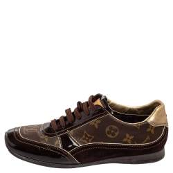 Louis Vuitton Brown Monogram Canvas and Patent Leather Globe Trotter Square-Toe Sneakers Size 38