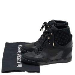 Louis Vuitton Black Leather And Embossed Monogram Suede Millenium Wedge Sneakers Size 36