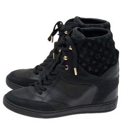 Louis Vuitton Black Leather And Embossed Monogram Suede Millenium Wedge Sneakers Size 36