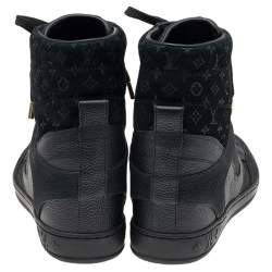 Louis Vuitton Black Leather And Embossed Monogram Suede Millenium Wedge Sneakers Size 36