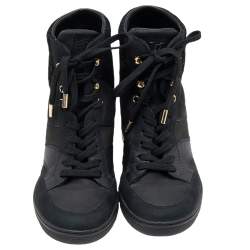 Louis Vuitton Black Leather And Embossed Monogram Suede Millenium Wedge Sneakers Size 36