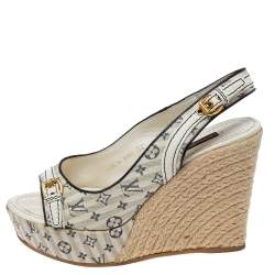 مملوكة مسبقًا Louis Vuitton White/Navy Blue Monogram Canvas Espadrille Wedge Slingback Sandals Size 36