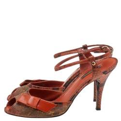 Pre Owned Louis Vuitton Orange/Brown Richard Prince Jokes Karung Leather And Monogram Canvas Ankle Strap Sandals Size 38.5